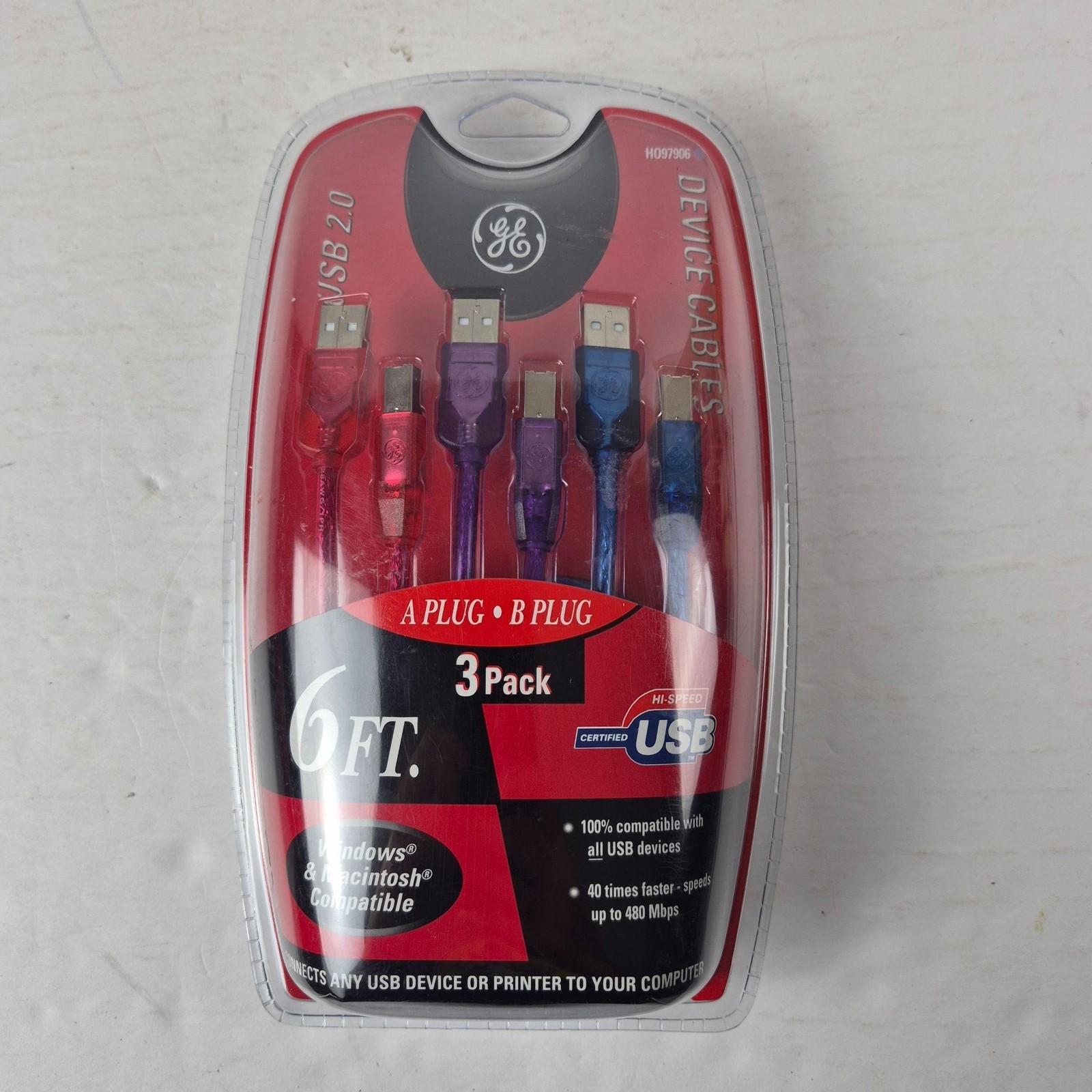 GE USB 2.0 Device Cables 6ft A Male To B Male 3 Pack Multicolor Printer HO97906