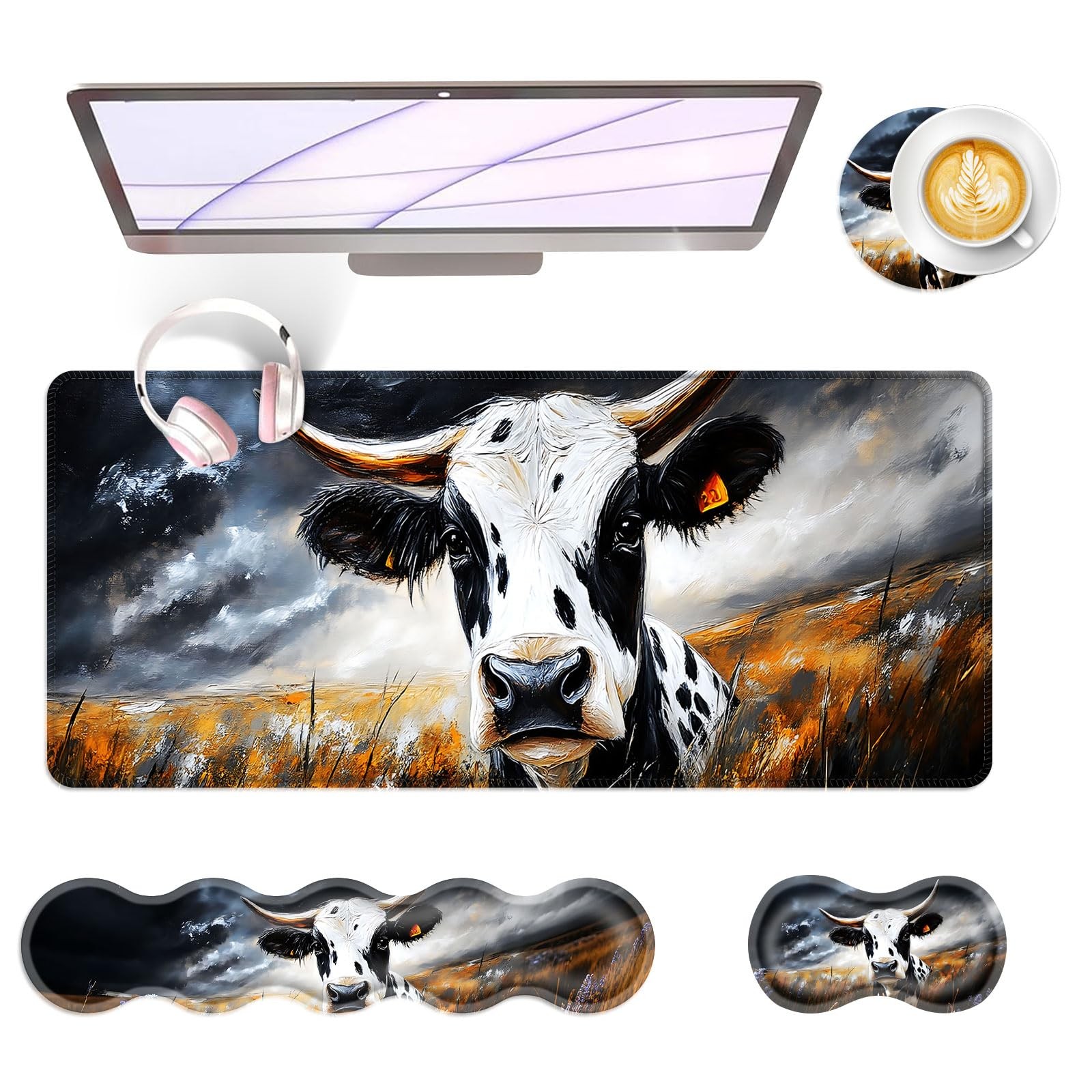 4 PCS Large Keyboard Mouse Pad Set Wrist Rest Memory Foam Cute Cow 31x11