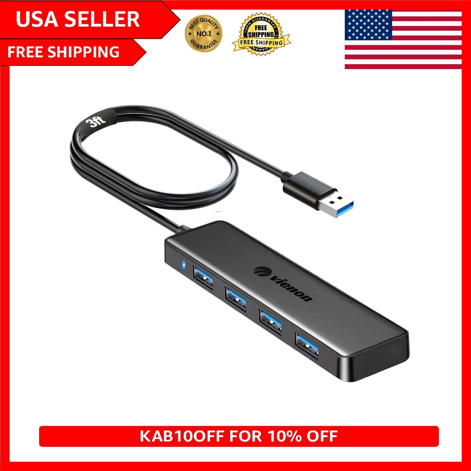 Compact 4-Port USB 3.0 Splitter with SuperSpeed Data Transfer - Ideal for Gaming
