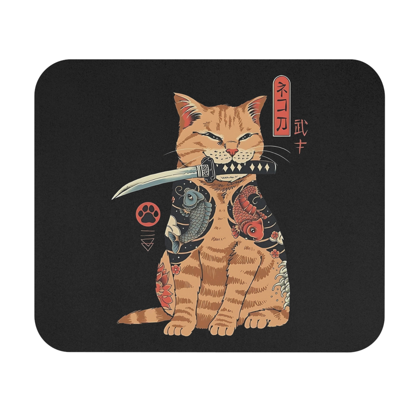 Samurai Cat Black Mouse Pad - Japanese Art Desk Accessory, Gift for Cat Lovers