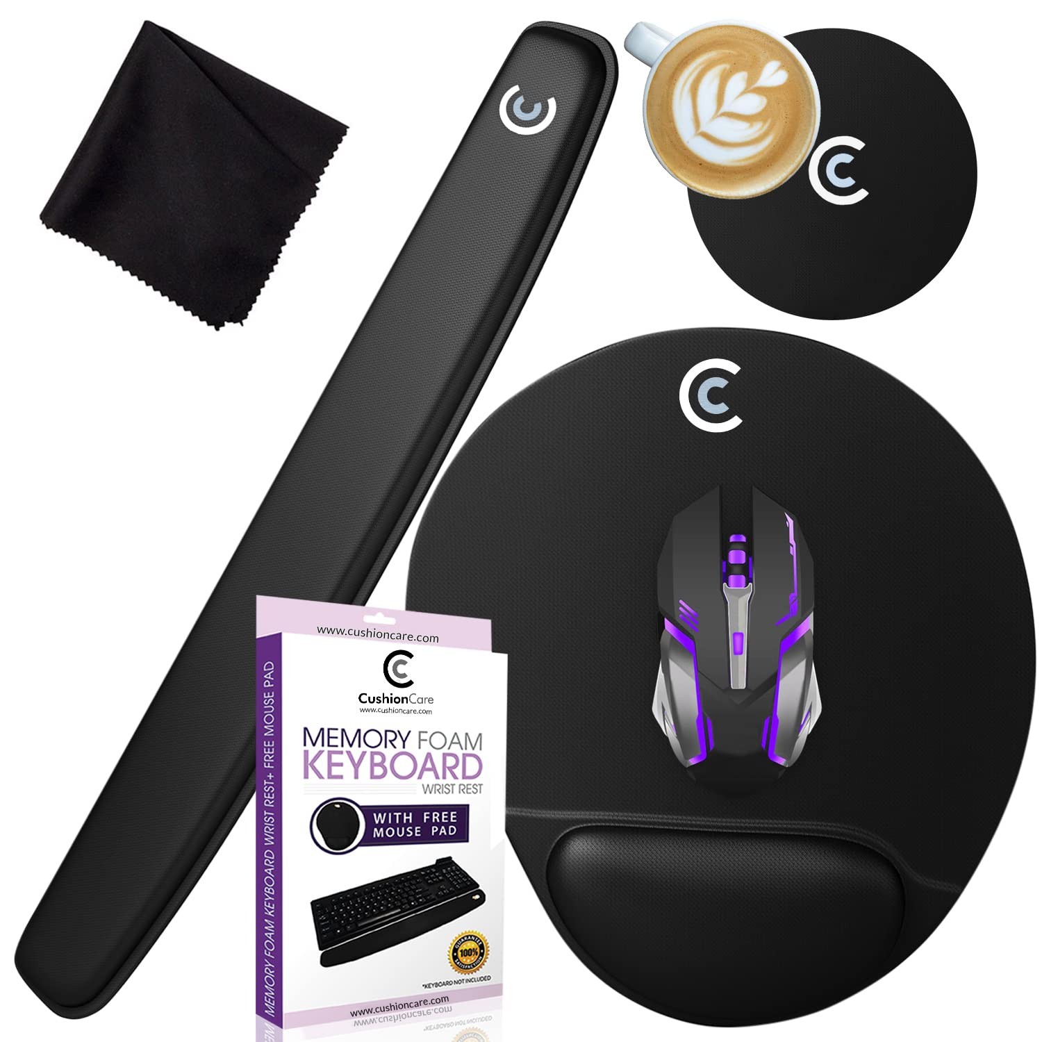 4pc Premium Wrist Rests for Keyboard and Pad Set - Memory Foam Cushion, Black...
