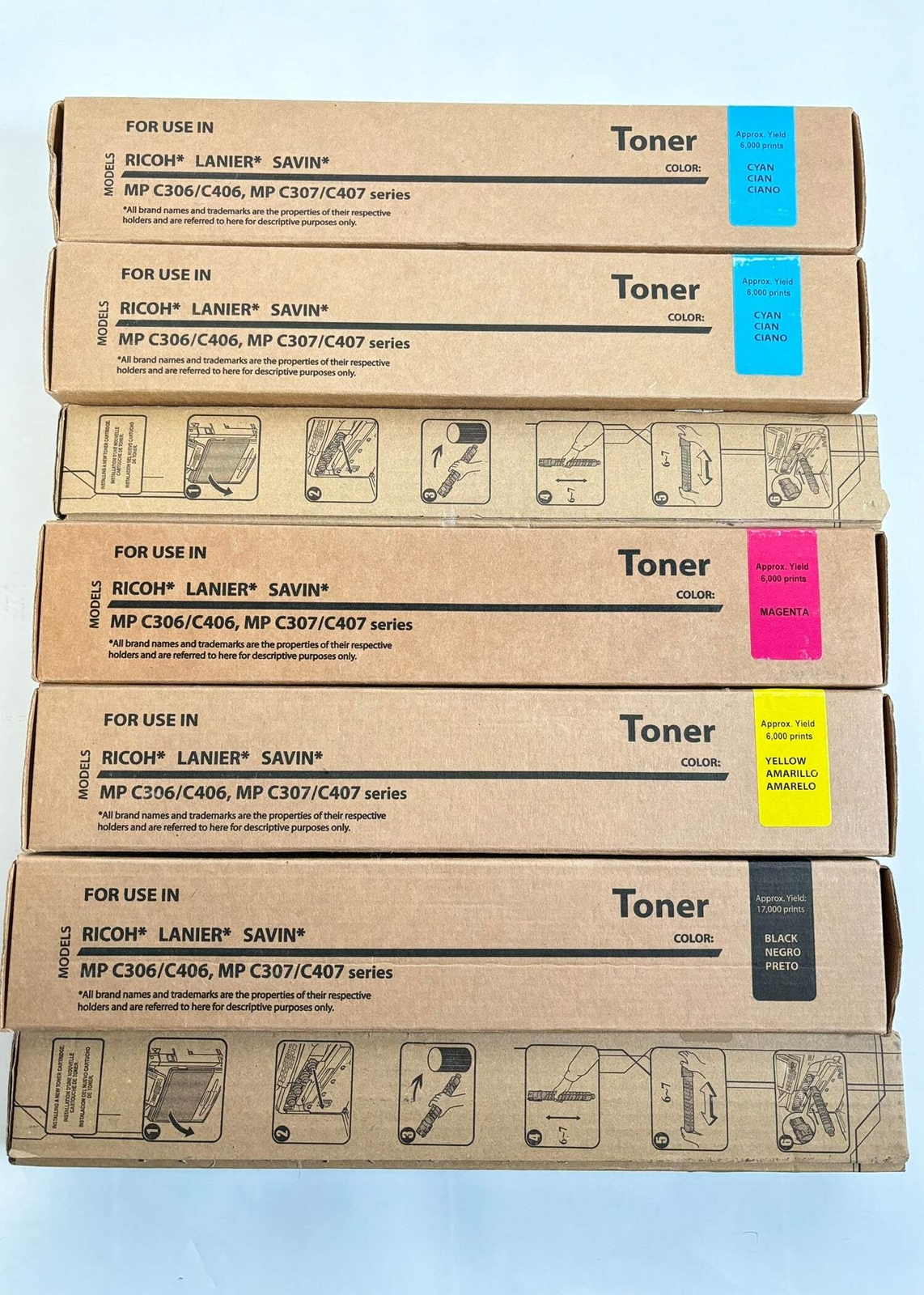 7 Compatible Ricoh MPC306,C406,C307 CCCMYKK Toners (replace 842091,92,93,94)