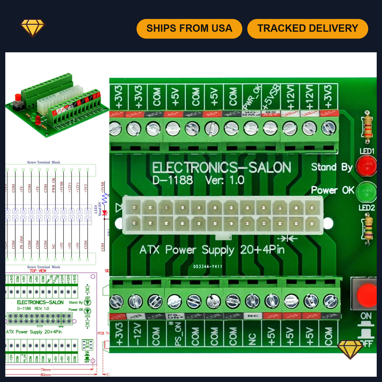 24/20-Pin ATX DC Power Supply Breakout Board Module for Electronics Projects