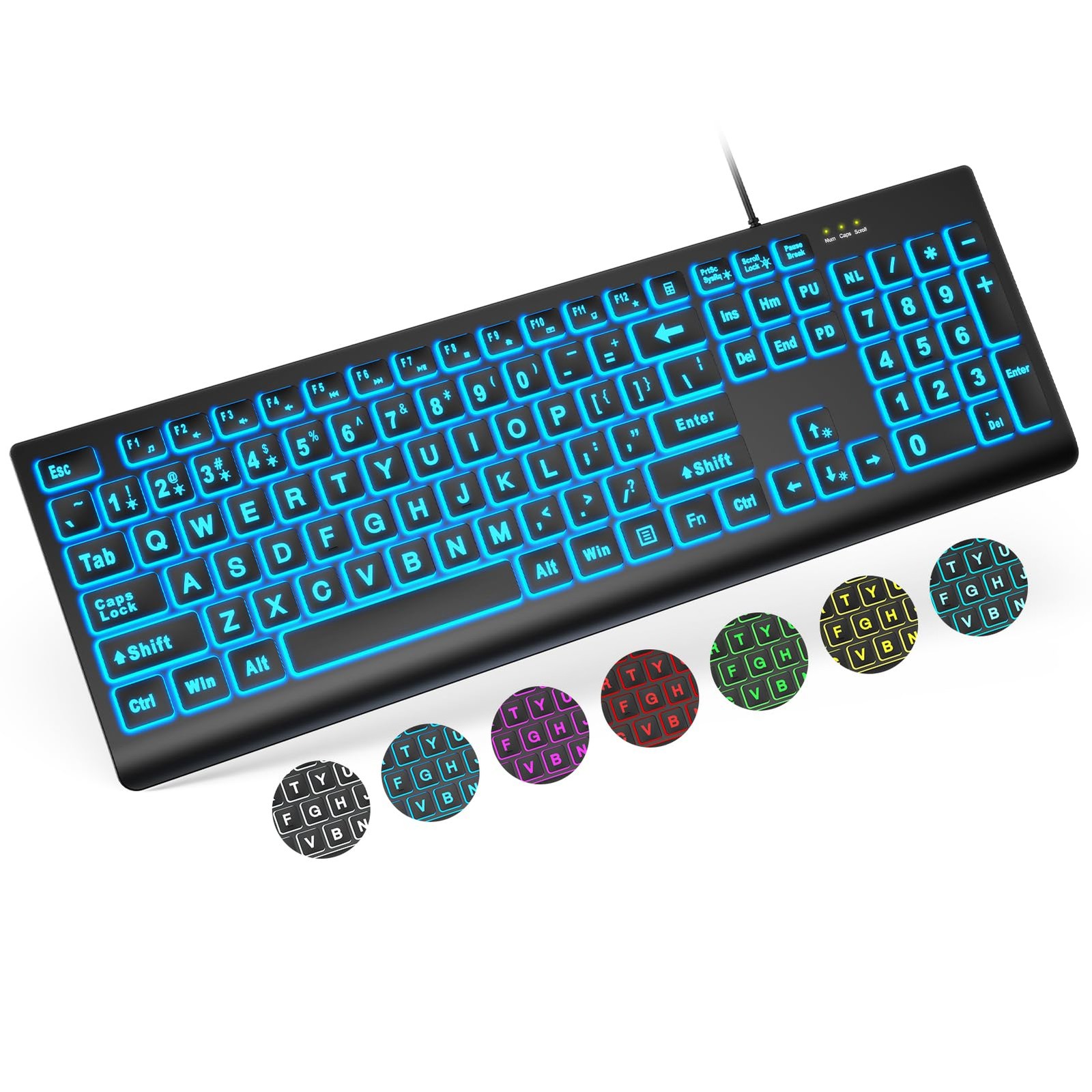 Large Print Backlit Keyboard, Wired USB Lighted Computer Keyboards with 7-Color