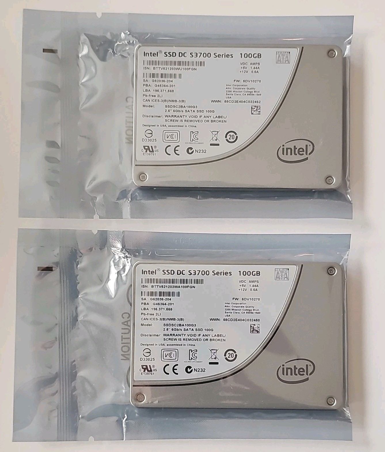 Lot of 2 Intel SSD DCS3700 Series 100GB 2.5" SATA III Internal SSD SSDSC2BA100G3