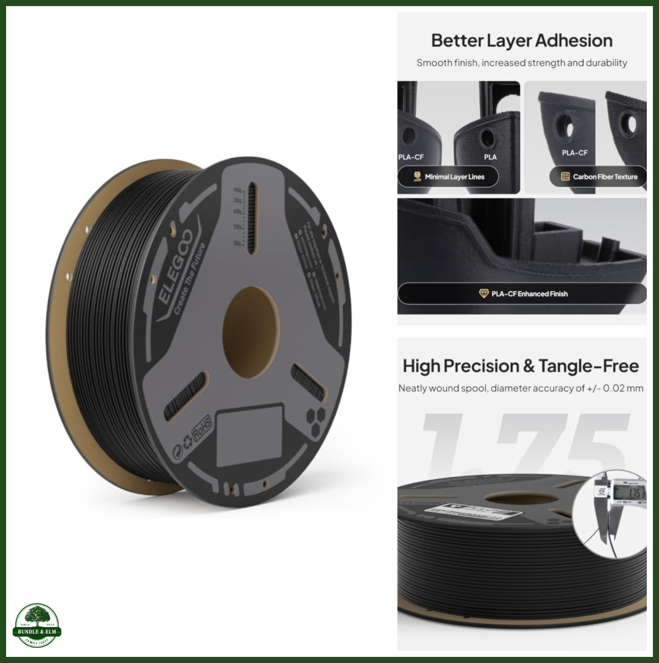 ELEGOO PLA-CF 3D Printer Filament 1.75mm Black 1KG 1.75mm