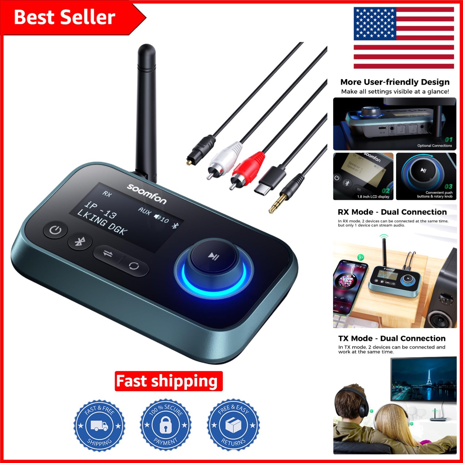 Wireless Bluetooth Adapter with Dual Connection - 10-30 Meter Range & Easy Setup