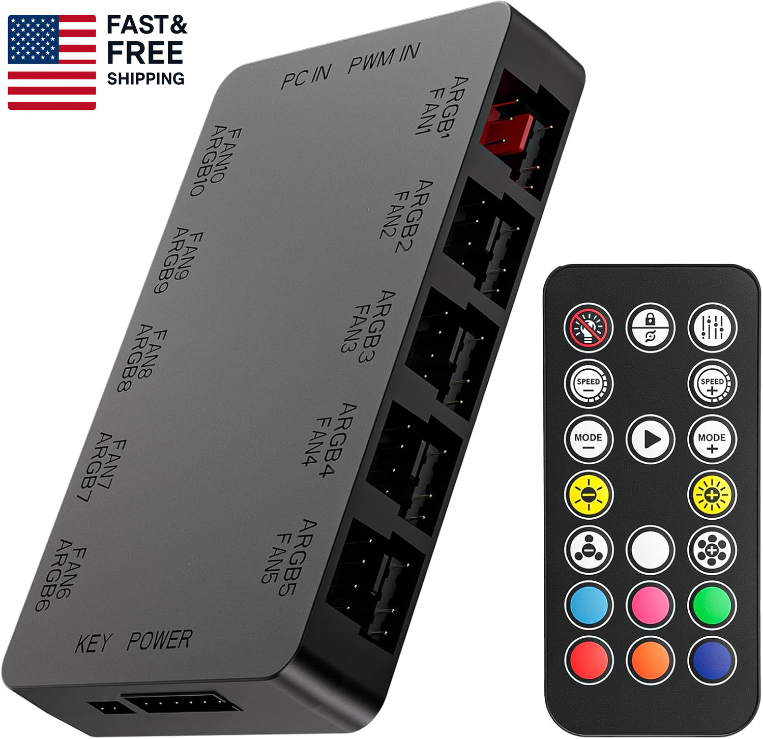 10-Port ARGB & PWM Fan Hub Controller - Magnetic Mount 5V/3PIN RGB PC Fan Hub wi