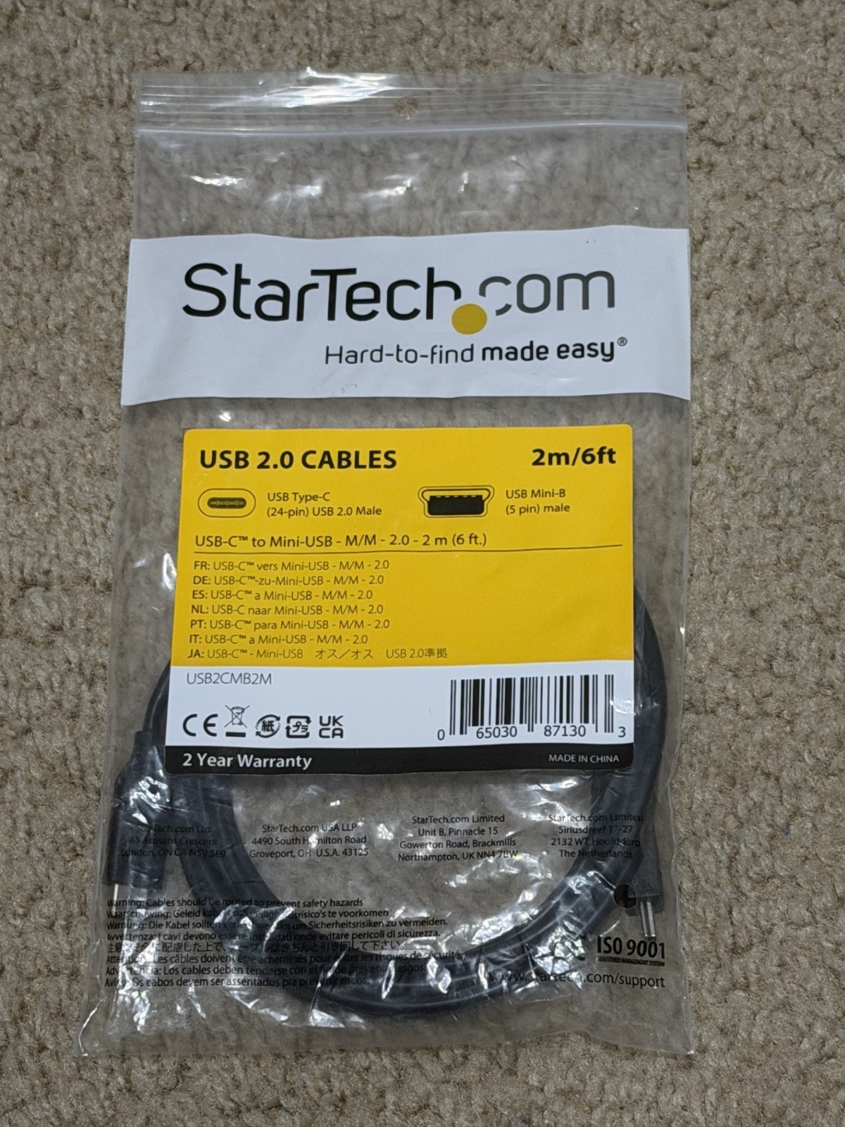 Startech.com USB-C to Mini-USB Cable - M/M 2 m (6 ft)  USB 2.0 - #USB2CMB2M NEW