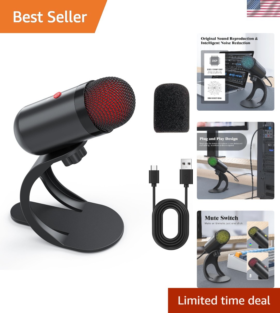 Plug and Play USB Microphone with Color Change & Noise Reduction for Streaming