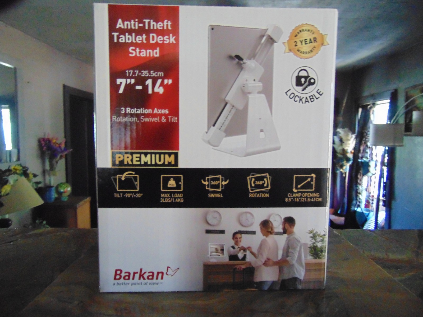 Barkan Tablet Stand, 7" - 14", White, Clamp Opening, 360° Rotation, Locking Slot