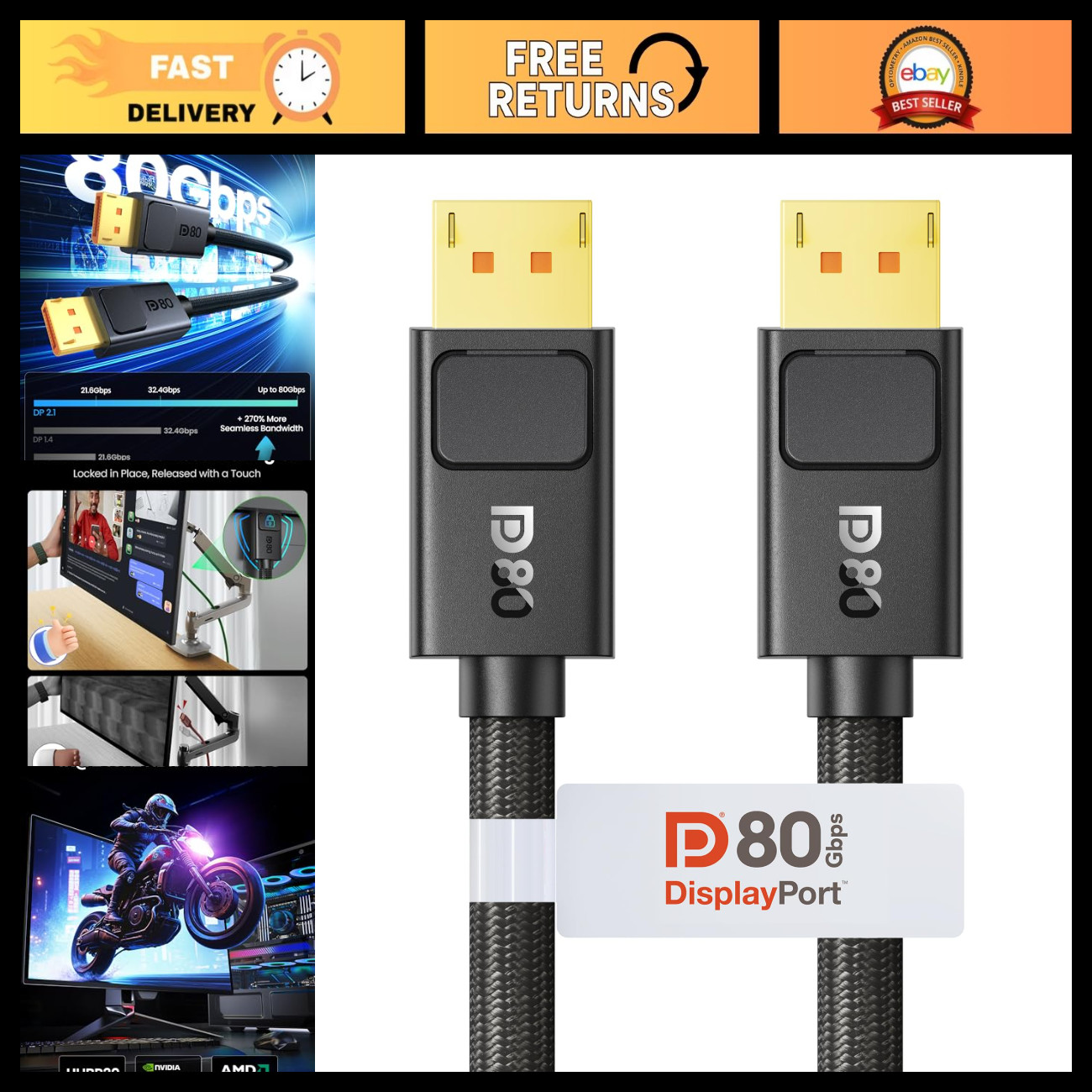 VESA Certified DisplayPort 2.1 Cable 6.6FT, 80Gbps High-Speed with Secure Latch