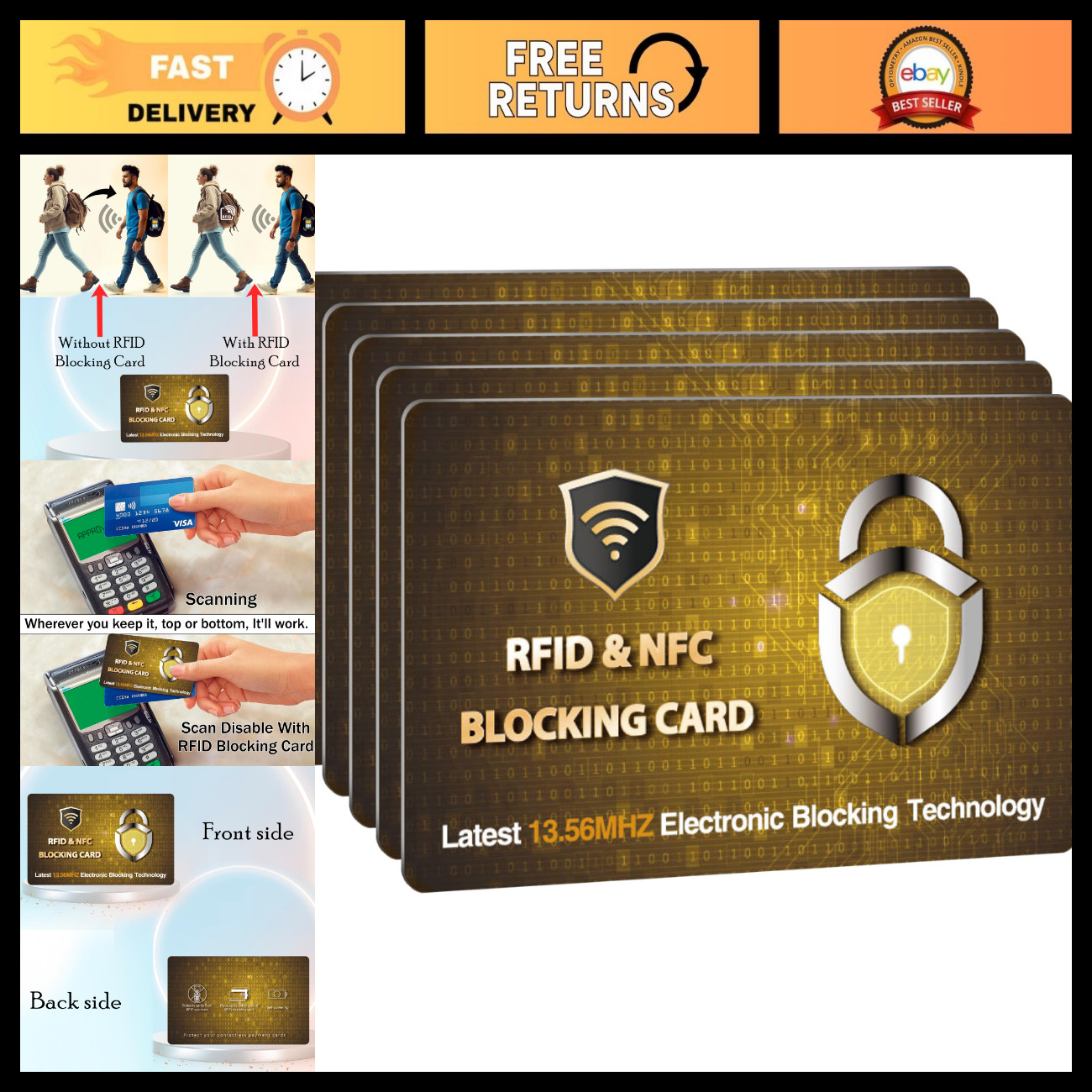 5 Pack RFID Blocking Card Sleeves for Credit Debit ID Cards - Gold Protection