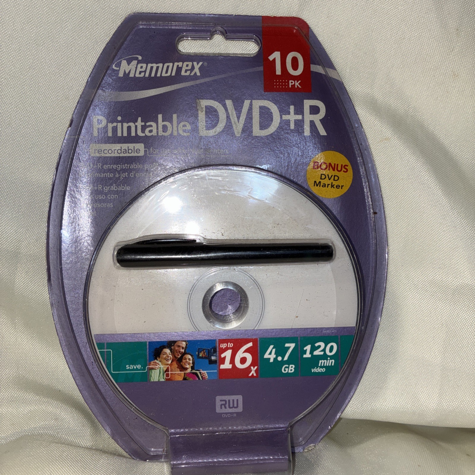 Memorex DVD+R 10 pack Printable & Marker 120min 4.7GB 16x. New.