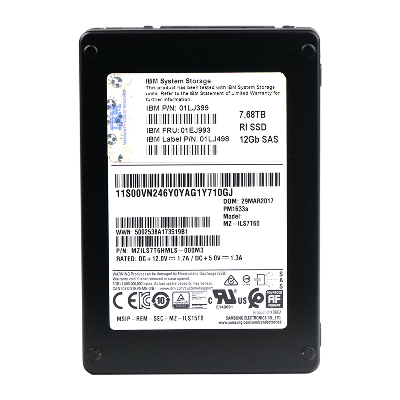 IBM/Samsung PM1633a 7.68TB MZILS7T6HMLS SAS 12Gb/s 3D TLC 1 DWPD 2.5" SSD