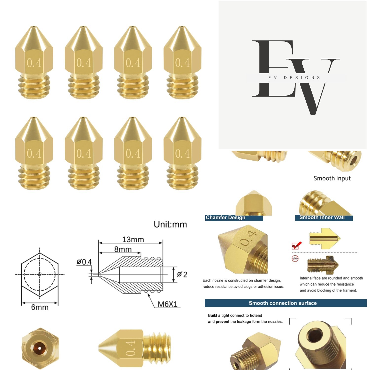 0.4mm MK8 Extruder Nozzles - 8 Pcs Brass Set for Ultimate 3D Printing Quality