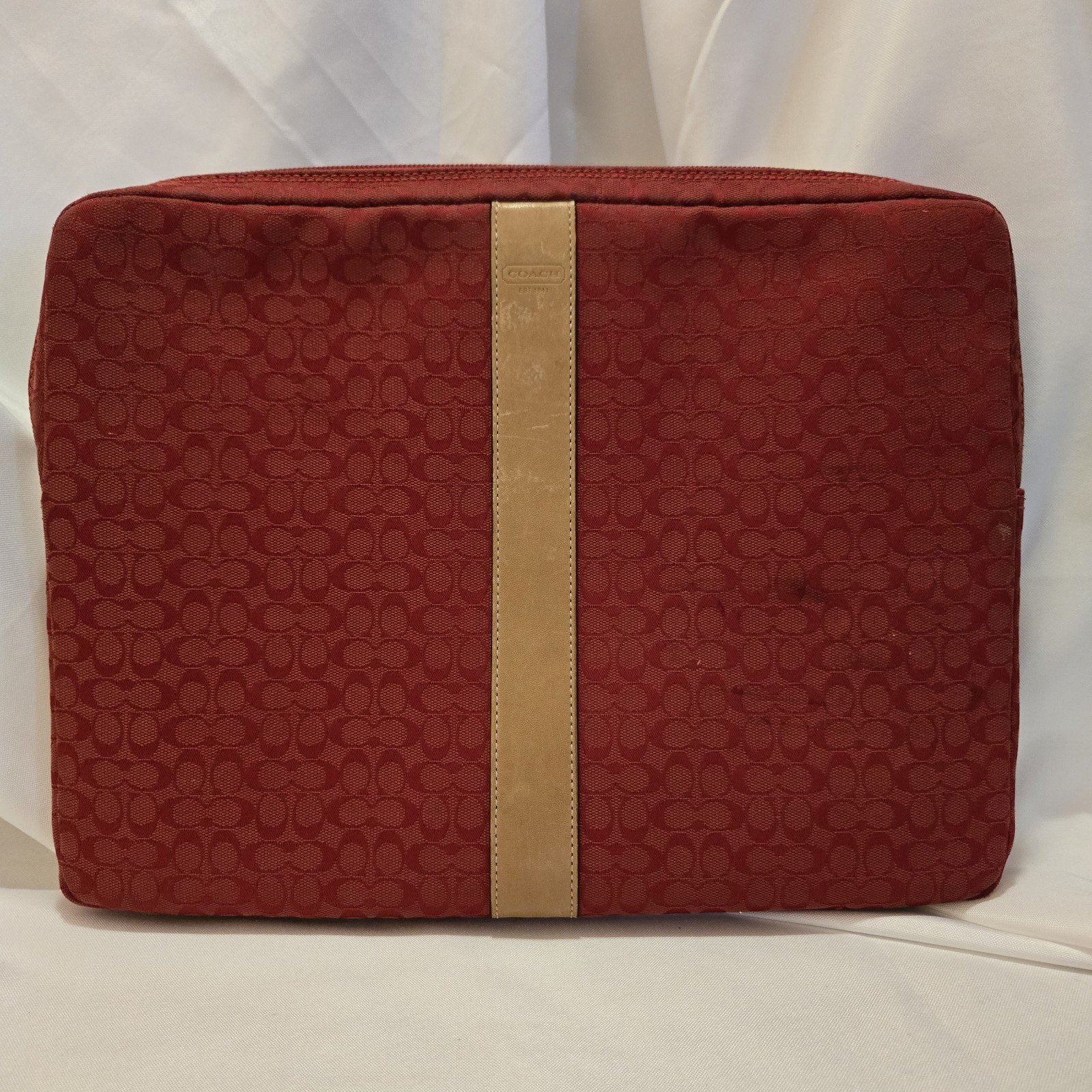 Vintage Signature Coach Laptop Case Red with Leather Accent Size 2 x 10.25 x 14