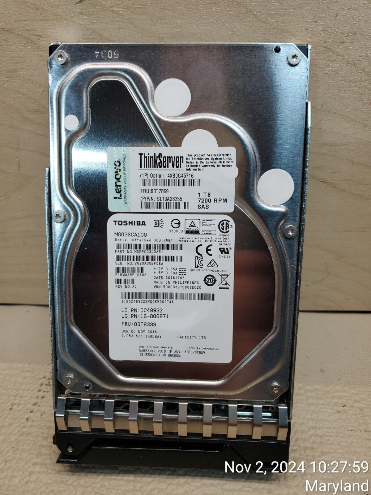 Lenovo ThinkServer 03T7869 1TB 7200 RPM SAS 3.5'' Hard Drive HDD w/ Caddy