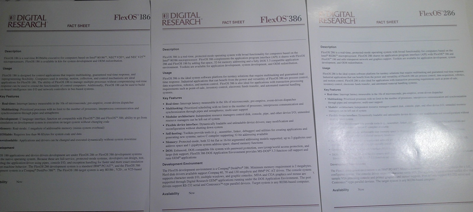 1987 Digital Research Fact Sheets: FlexOS 386/286/186 Real time operating system