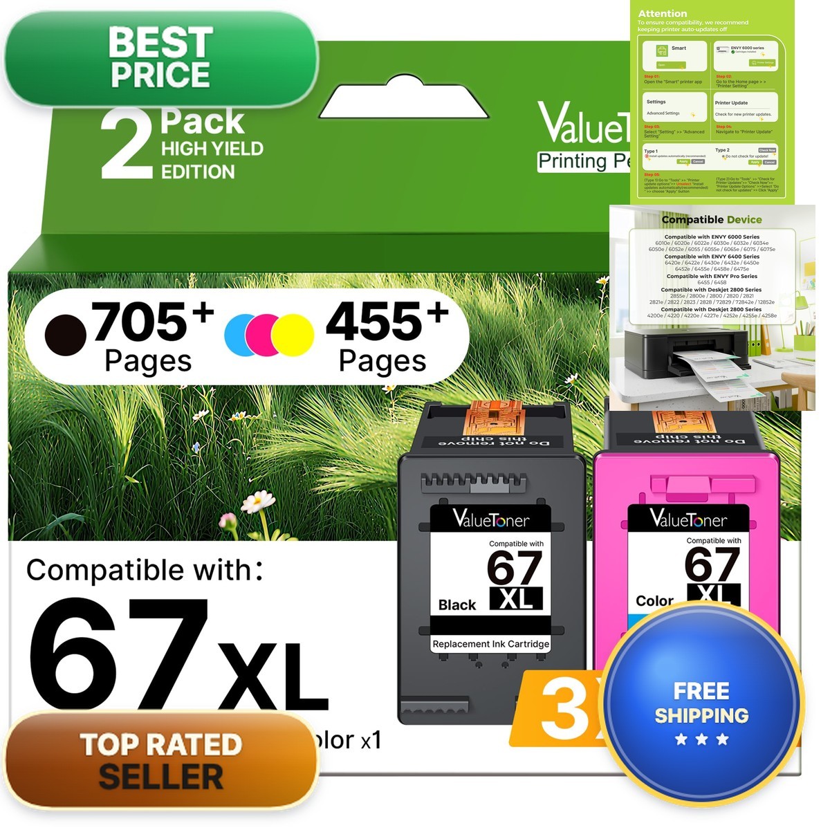 Valuetoner 67XL Ink Cartridges Black/Color Combo Pack 2-Pack