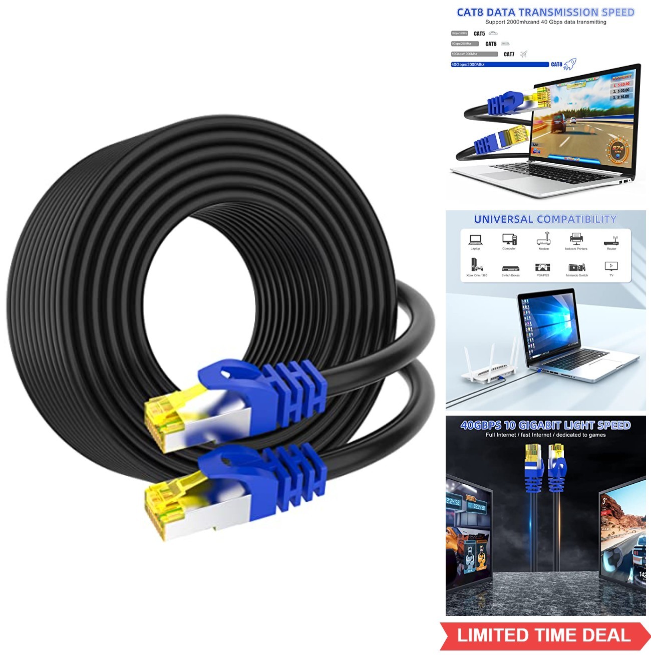 Cat 8 Ethernet Cable 100 ft 26AWG 40Gbps 2000MHz RJ45 S/FTP Waterproof Outdoor