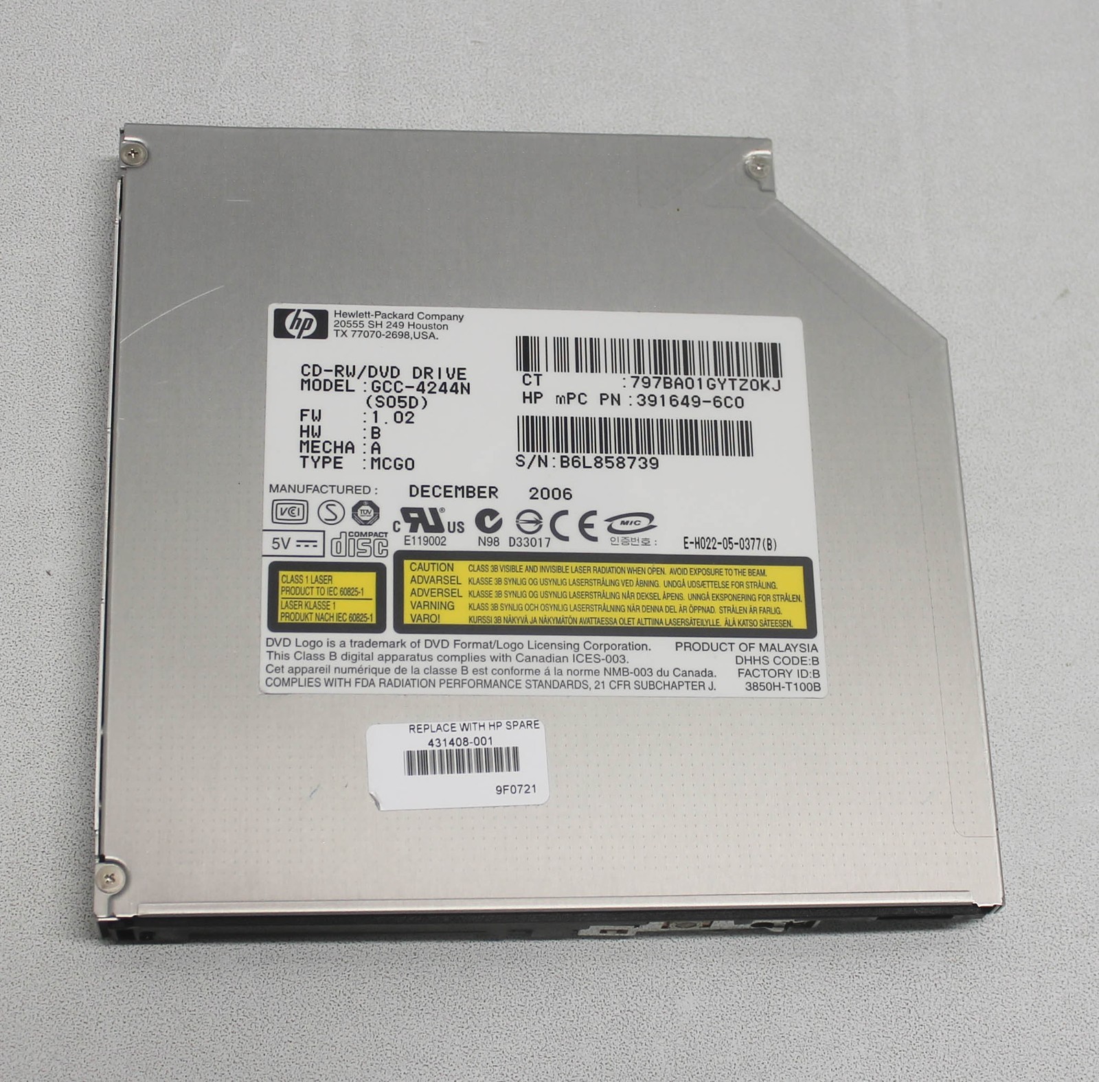431408-001 Hp Drive 24X Dvd-Rom Cd-R Rw Combination Drive s Bezel"GRADE A"
