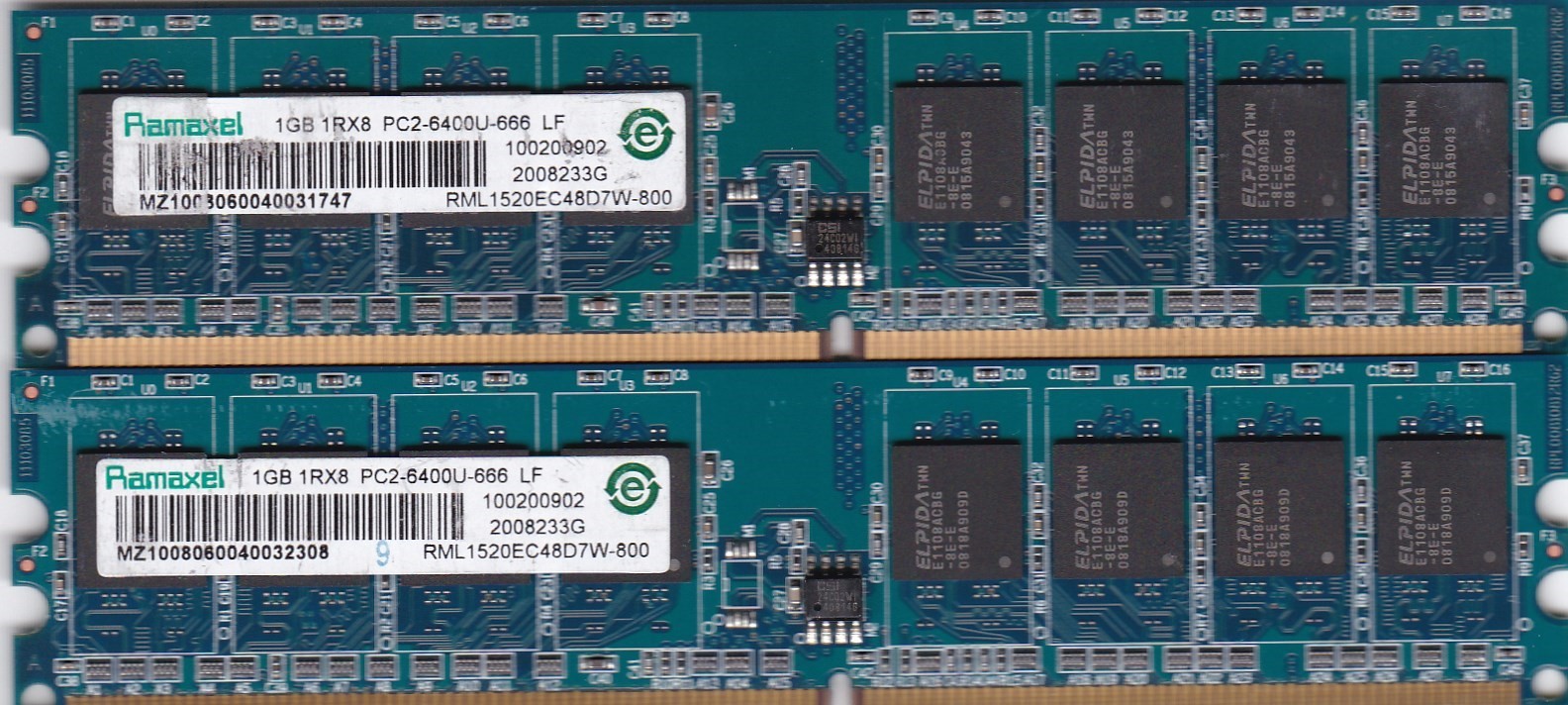 2GB 2x1GB PC2-6400 DDR2-800 RAMAXEL RML1520EC48D7W-800 MEMORY KIT HP 404574-888