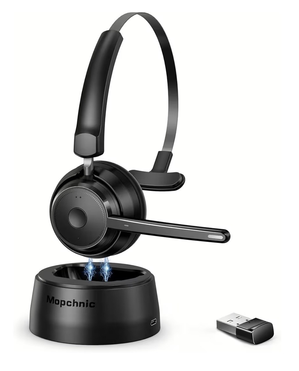 Mopchnic Bluetooth USB Wireless Headset Black Boom Microphone Charging Base Mute