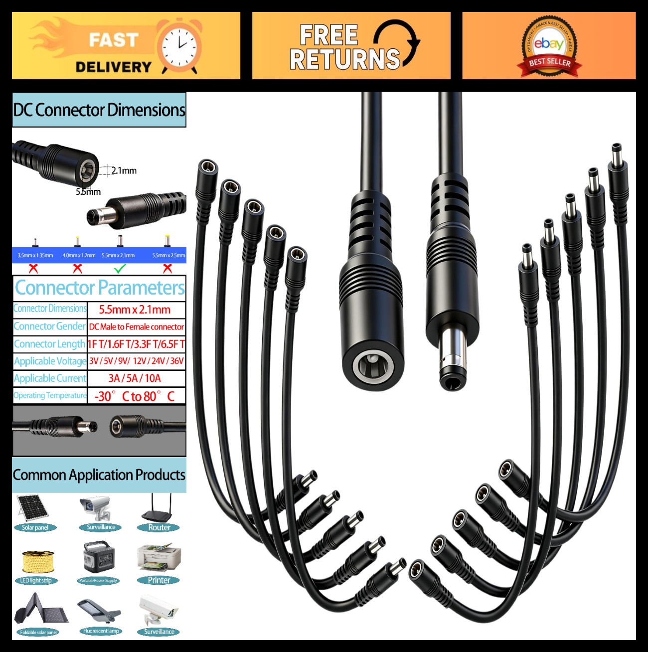 10pcs 5.5mm x 2.1mm DC Power Extension Cable, Male to Female, 1FT, 18 AWG, 12V/2