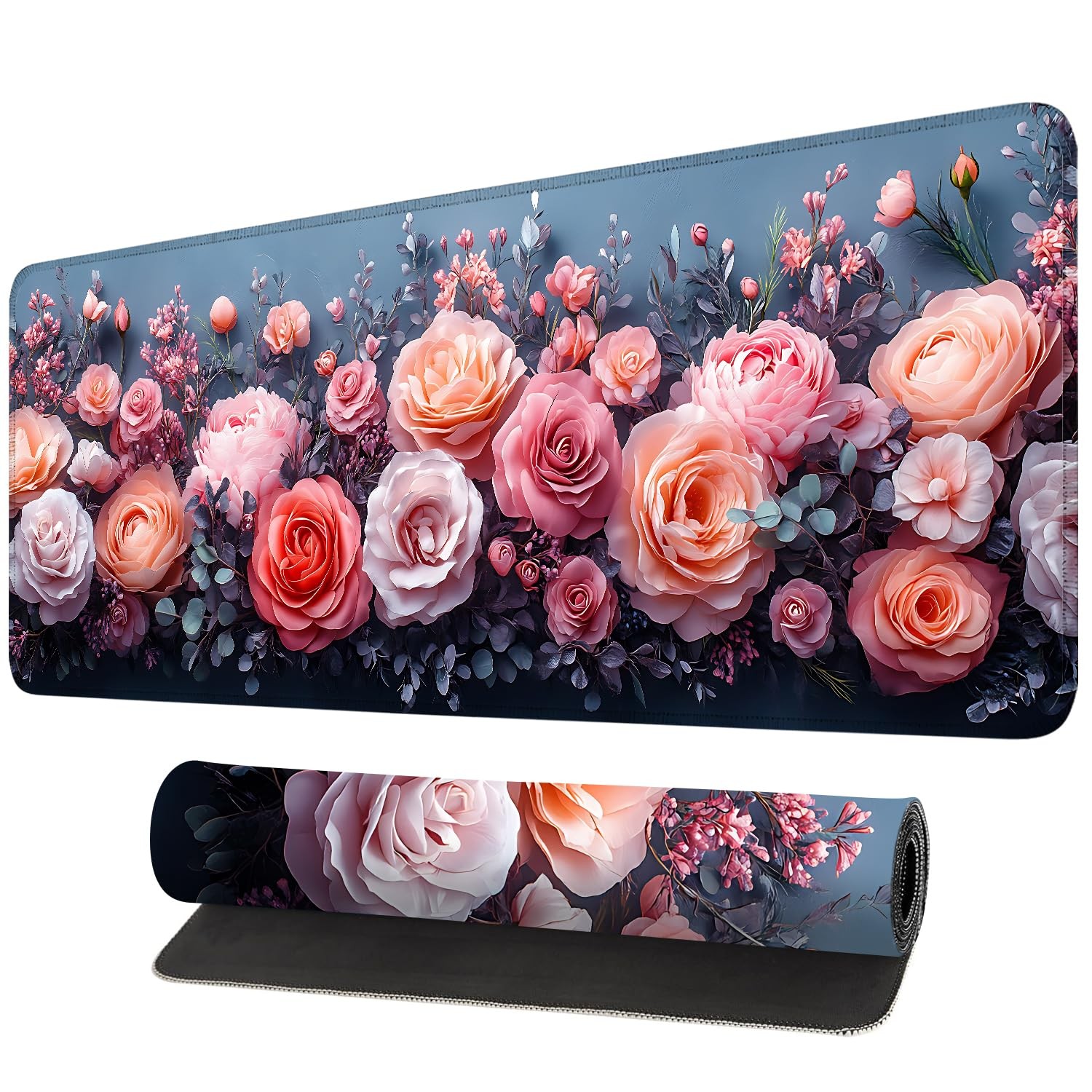 31.5x11.8 Inch Pink Floral Large Mouse Pad Waterproof Gaming Desk Mat Girls