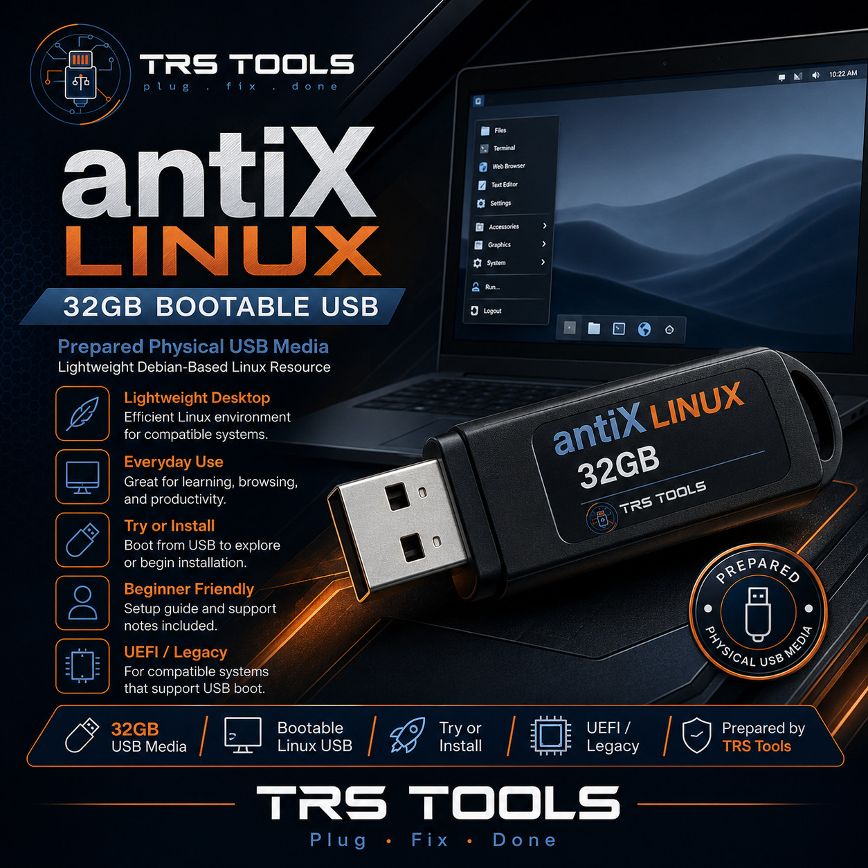 AntiX Linux Bootable USB 32GB Prepared Physical Media