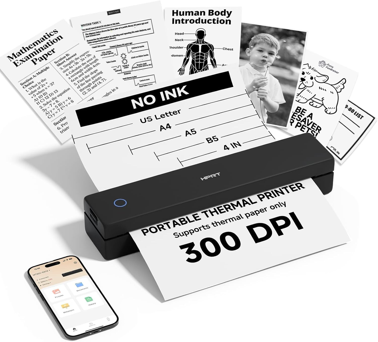 Inkless Portable Thermal Printer Wireless for Travel,Mt610 Pro,300 DPI