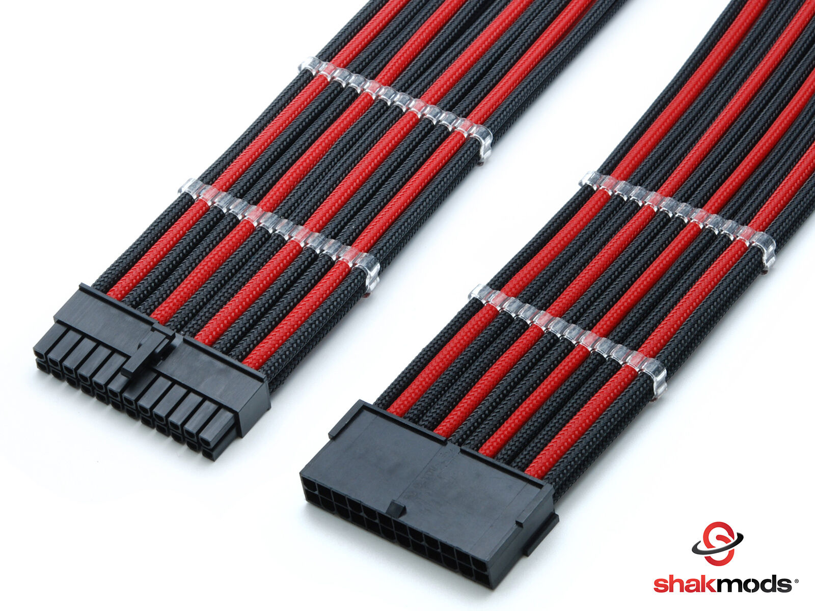 24pin ATX Mobo 30cm Black Red Sleeved PSU Extension Shakmods with 2 cable combs