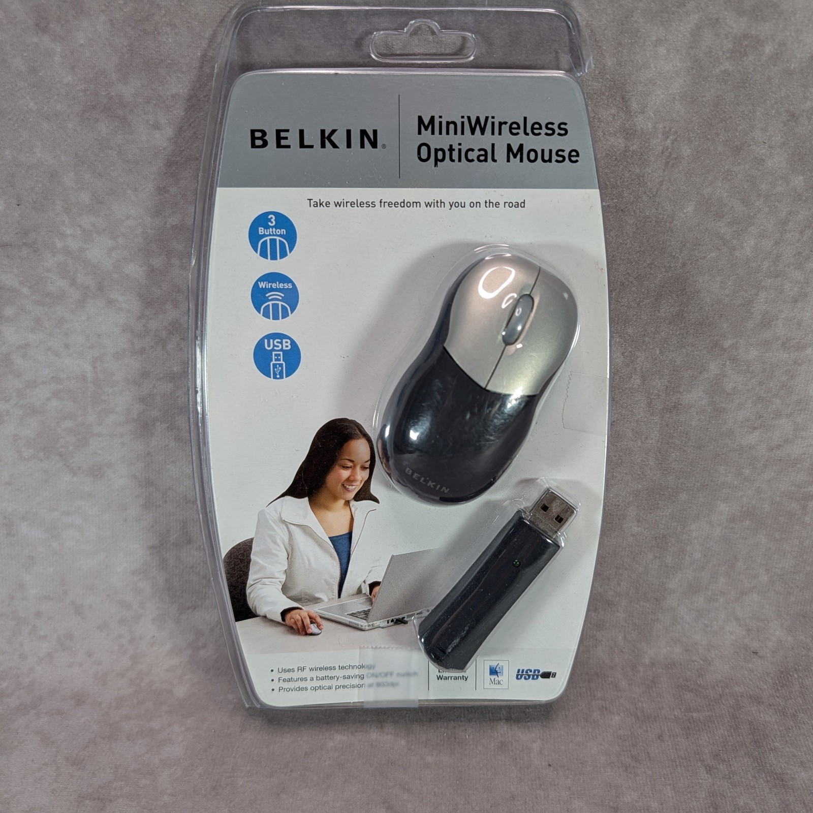Belkin Mini Wireless Optical Mouse 3-Button USB Silver Black PC/Mac OPEN BOX