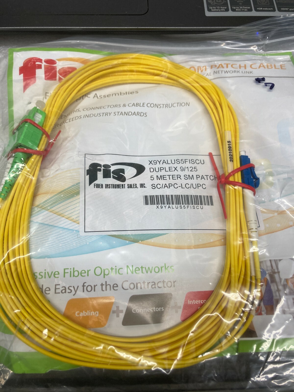  FIS 9/125 Singlemode Fiber Optic Patchcord Duplex 5M SM SC/APC–LC/UPC New 