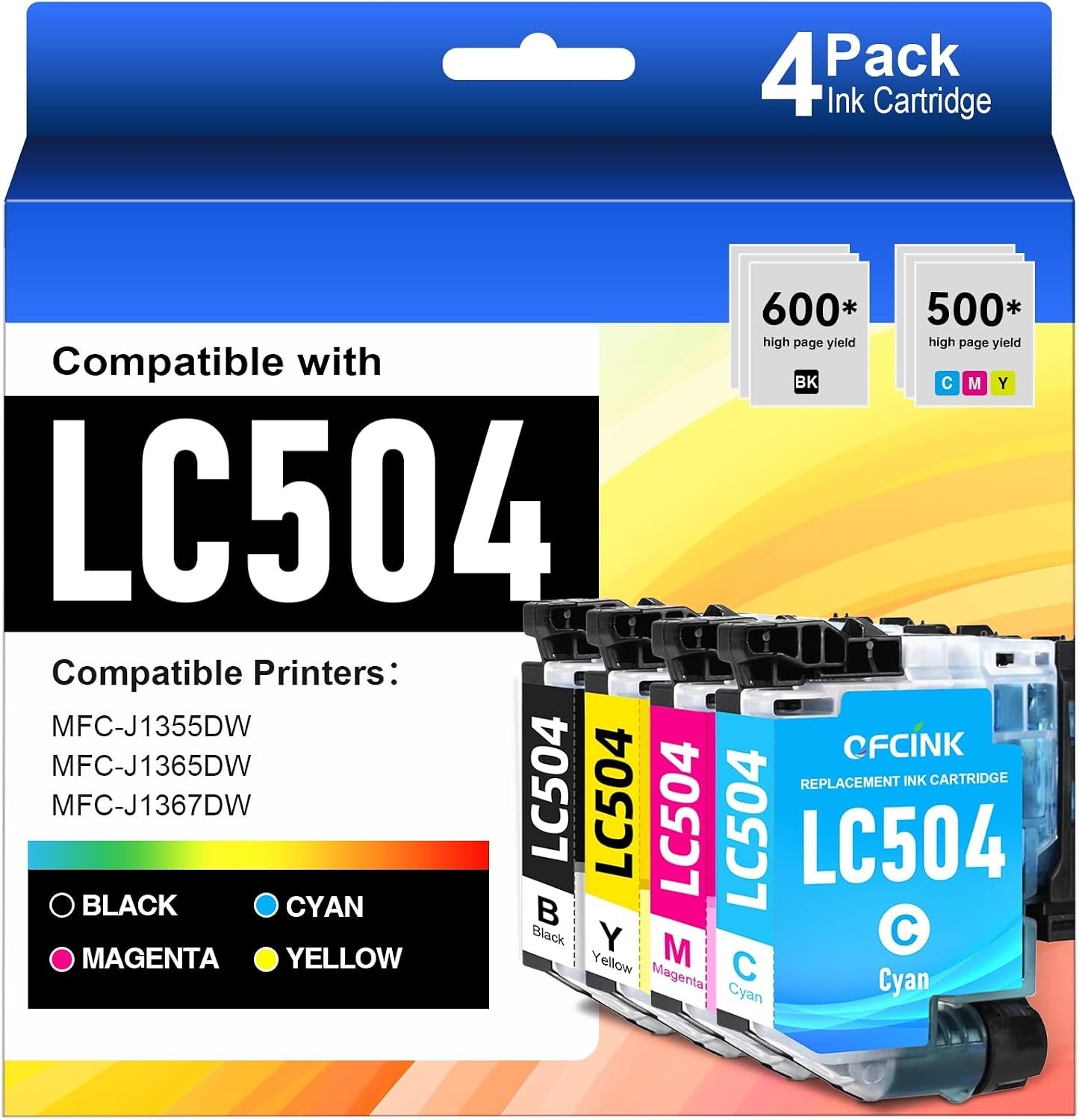 Chip LC504 4-Pack BCMY Black Color INKvestment Brother 1355 1365 1367 BN