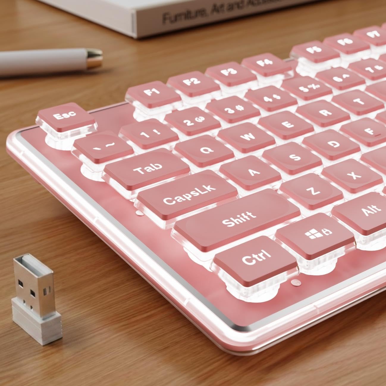 X7S Wireless Keyboard White Backlit Metal Panel 2.4G Rechargeable Pink Quiet