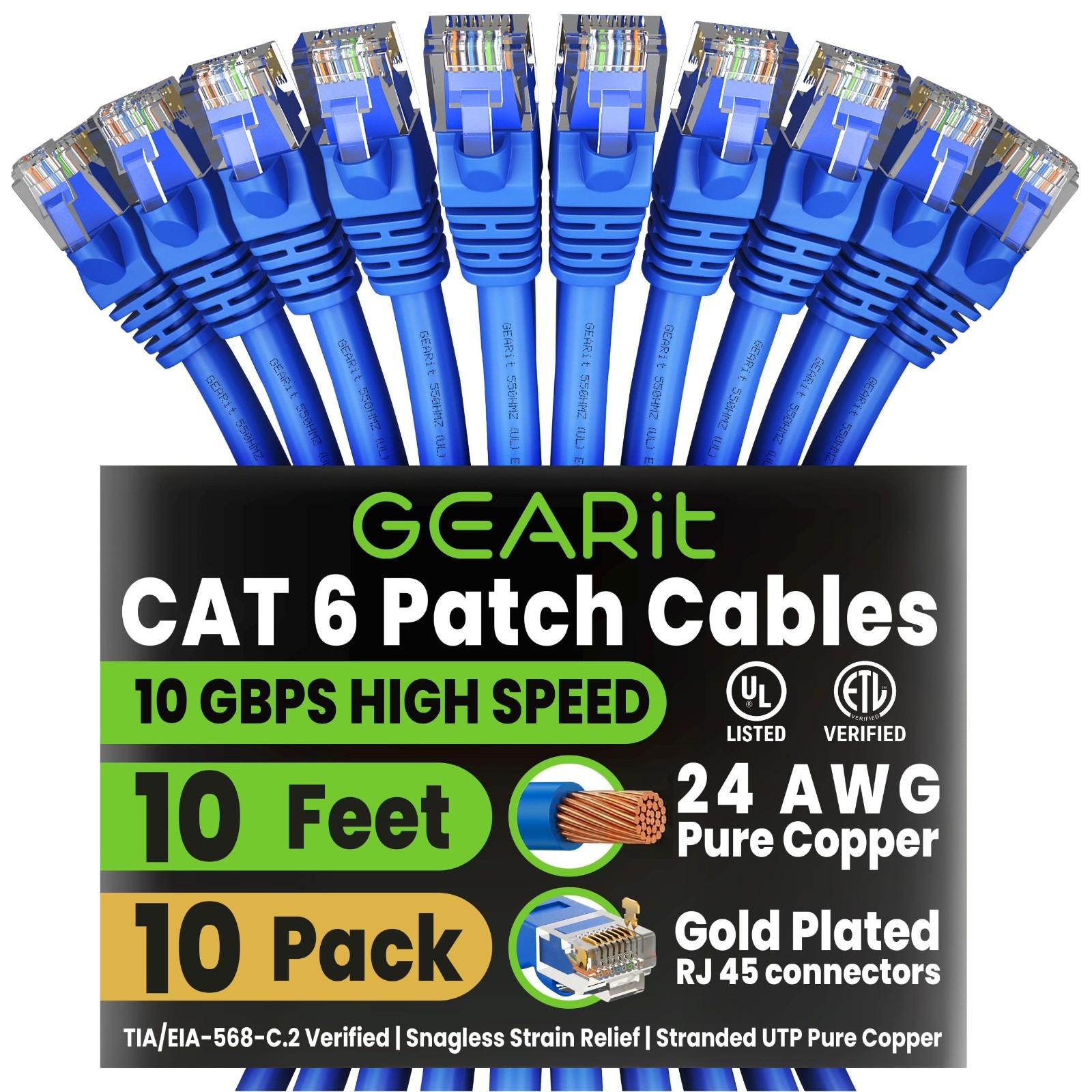 GearIT Cat6 Ethernet Patch Cable 10ft 10-Pack Blue RJ45 10Gbps