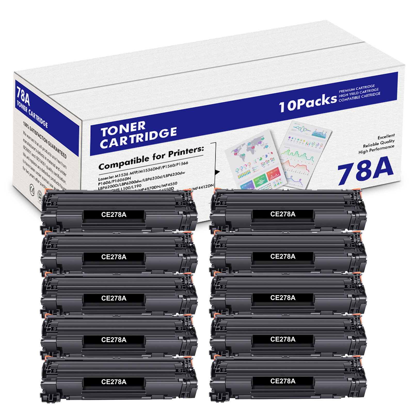 10PK CE278A 78A Compatible Toner for HP LaserJet Pro P1606dn M1536dnf MFP MF4450