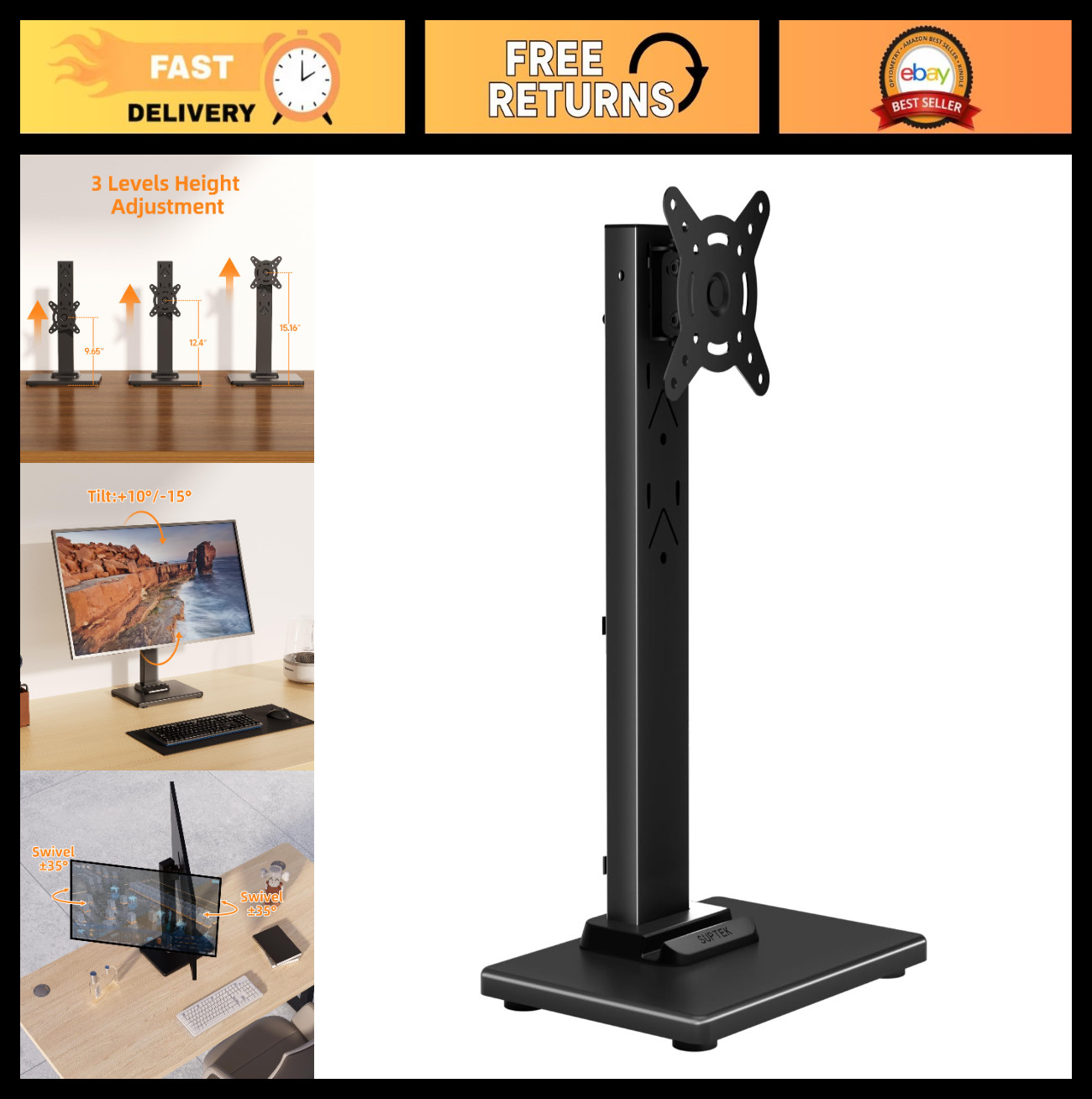 Adjustable LCD Monitor Stand Riser for 13-43 Inch Screens, Free-Standing, Swivel