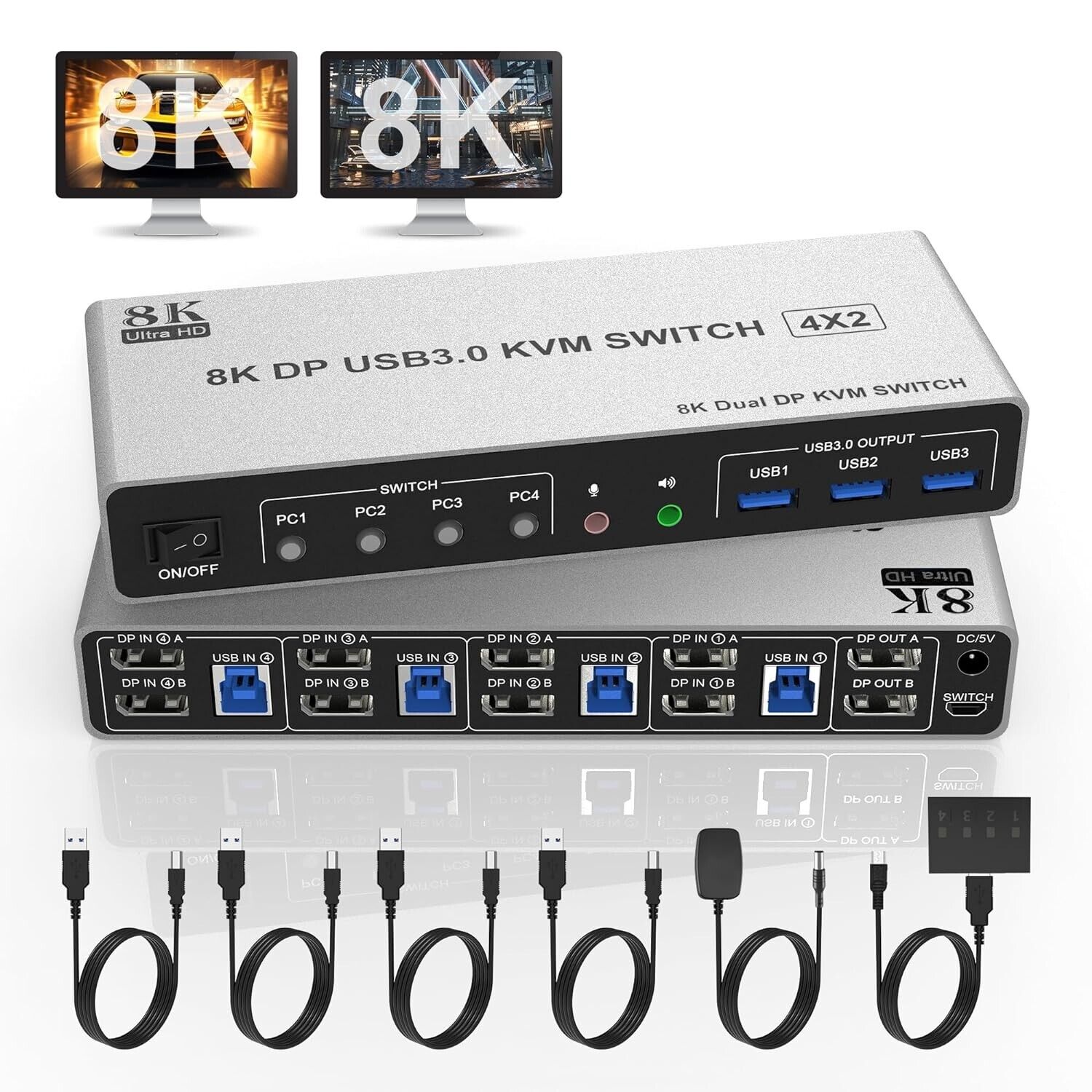 8K@60Hz 2 Displayport USB 3.0 KVM Switch 2 Monitors 4 Computers, Audio - NIB