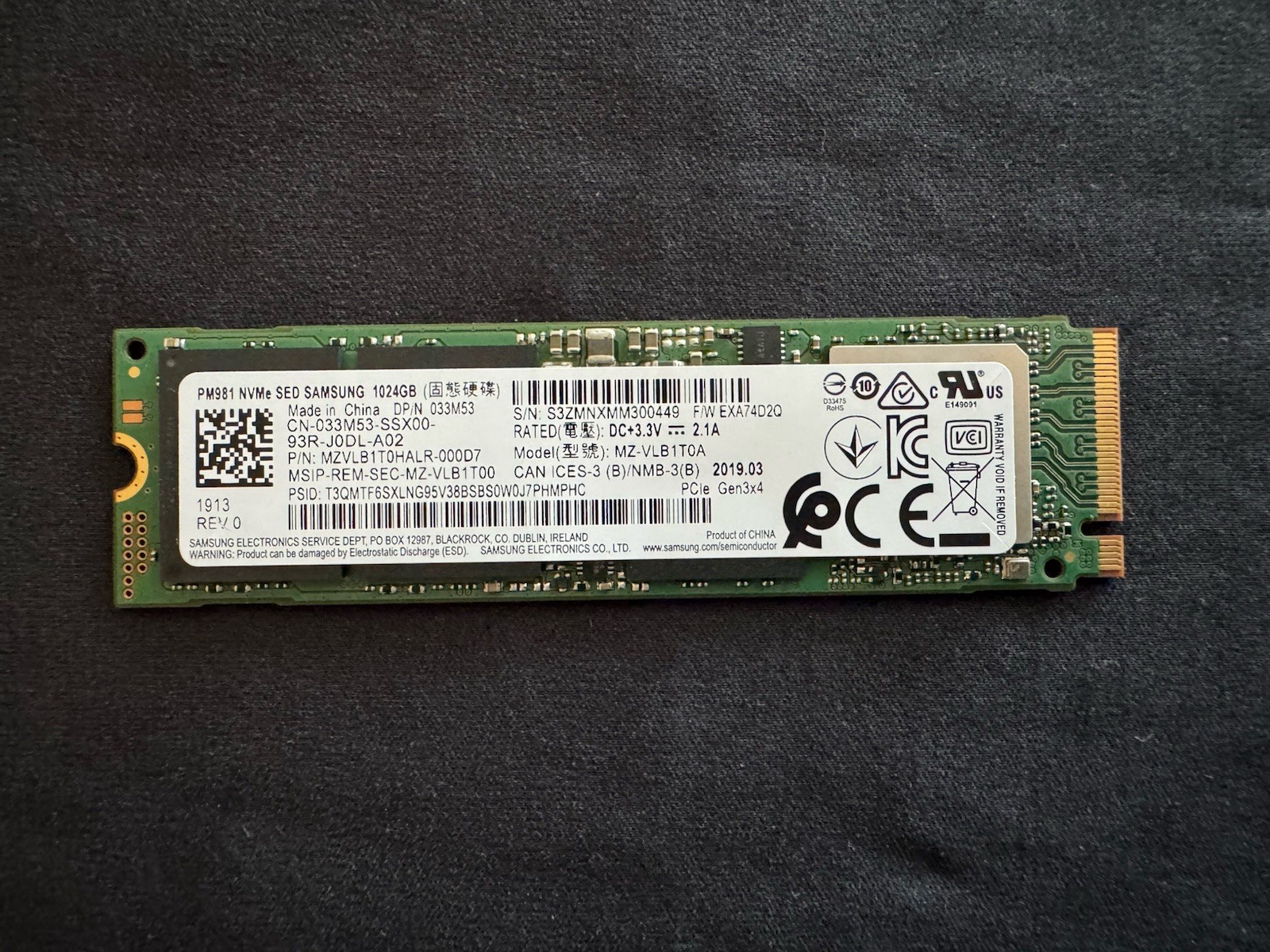 Samsung PM981 1TB PCIe 3x4 NVMe M.2 2280 SSD Model MZVLB1T0HALR Tested & Working