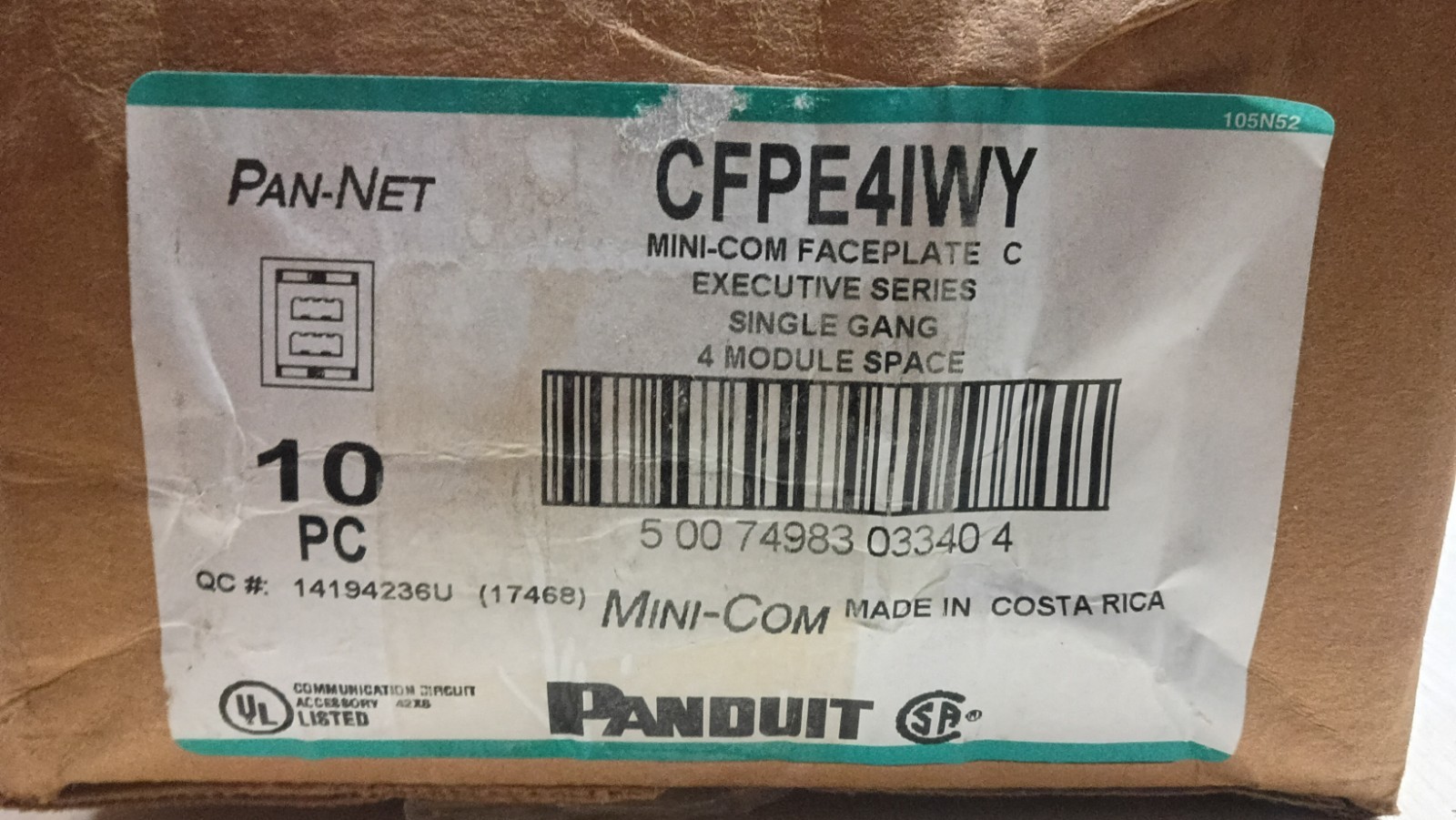 Panduitb CFPE4IWY NEW MINI-COM FACEPLATE SINGLE GANG 4 MODULE SPACE