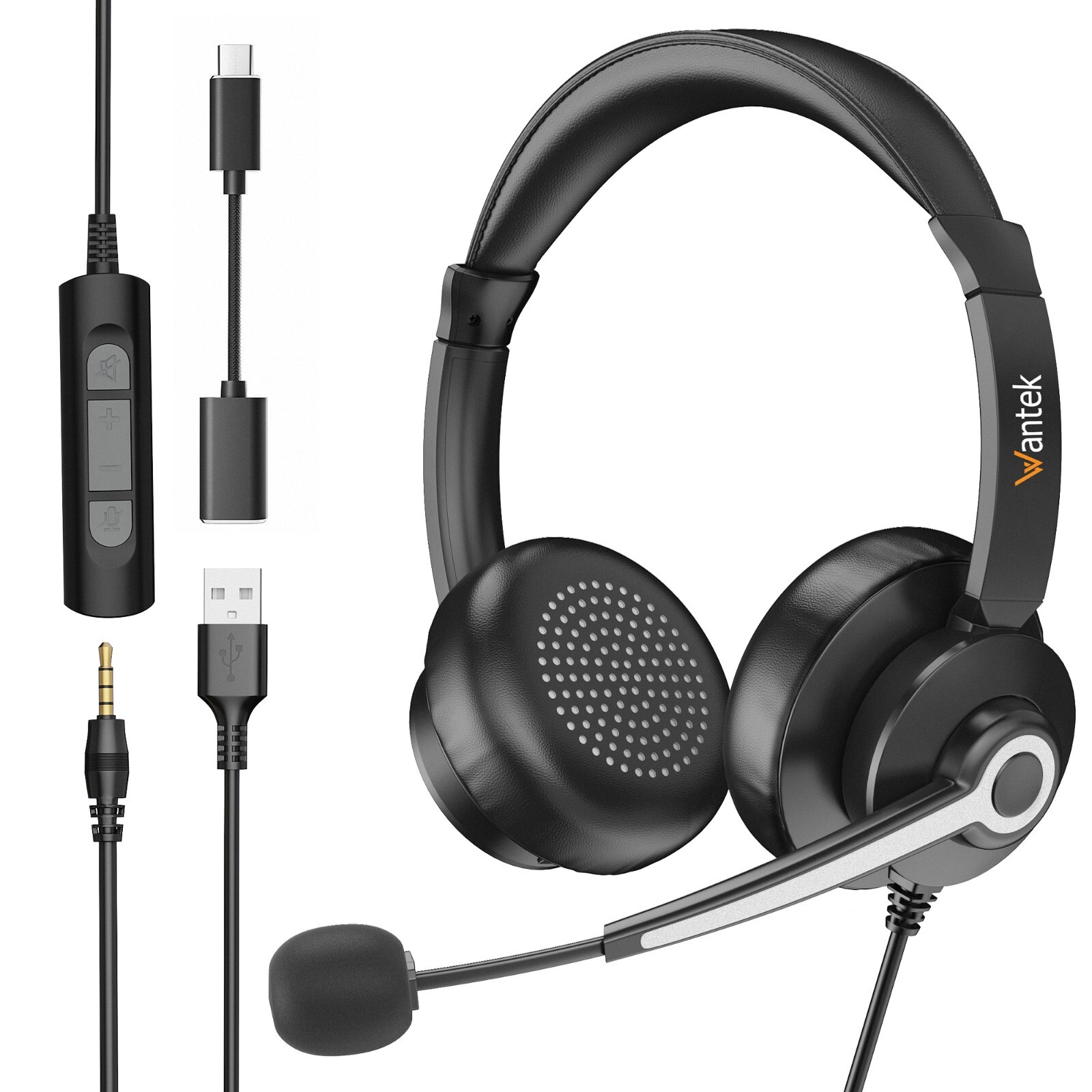 Wantke USB/3.5mm Wired Headset w/Mic for PC/Laptop,Headset w/Noise-Cancelling
