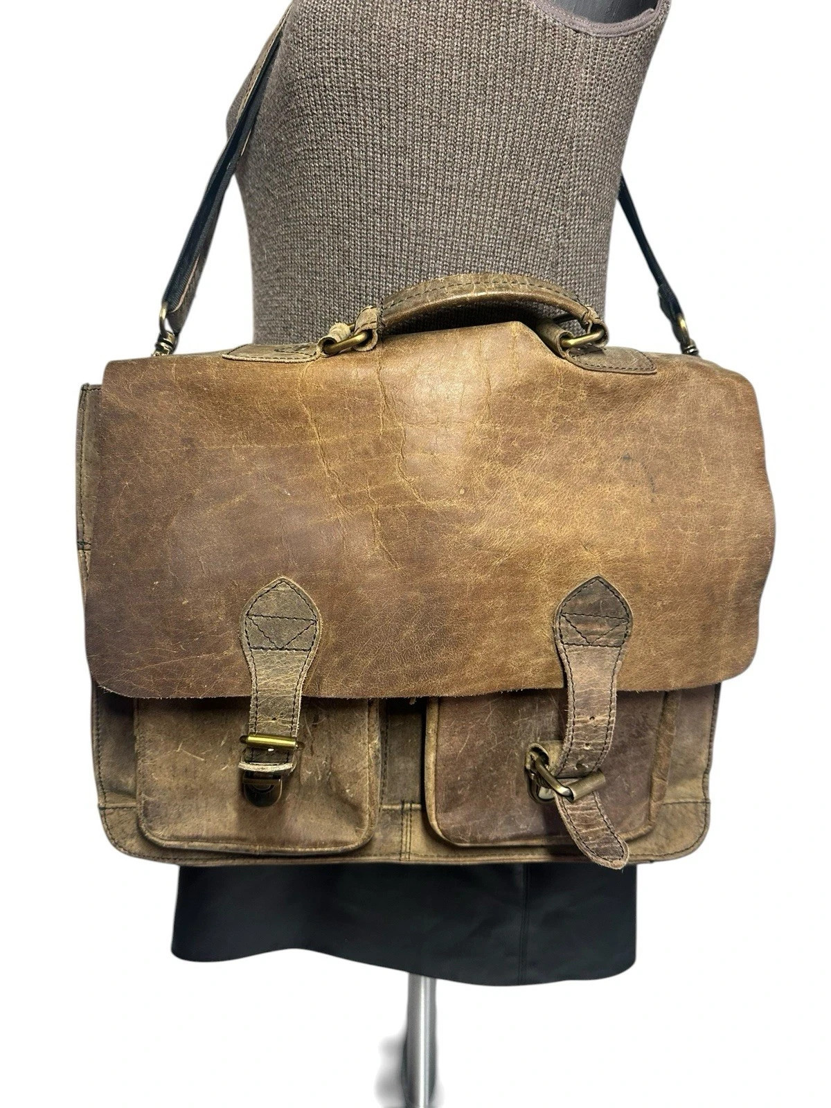Brown Leather Messenger Computer Bag Adjustable Strap Career Work Crossbody
