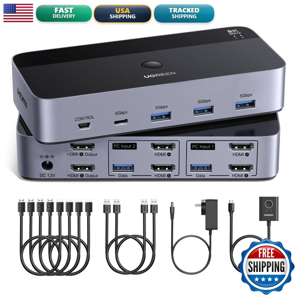UGREEN 8K60Hz HDMI KVM Switch 2 Monitors 2 Computers, 4 USB 3.0 Ports AK703