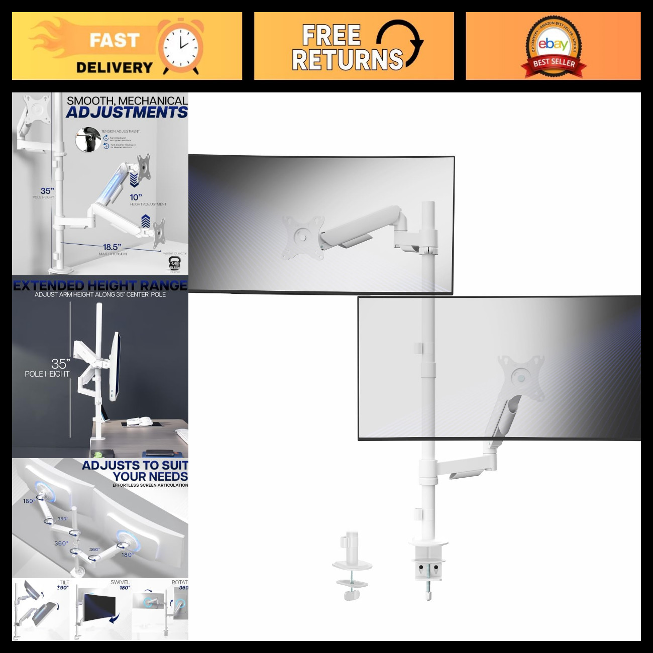 Dual Monitor Arm Mount for 32" Screens, Height Adjustable, Full Articulating VES