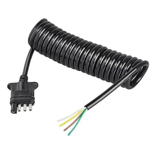4 Way Flat Trailer Wiring Harness Coiled Cable 10.5 Feet, Stretchable 4 Pin