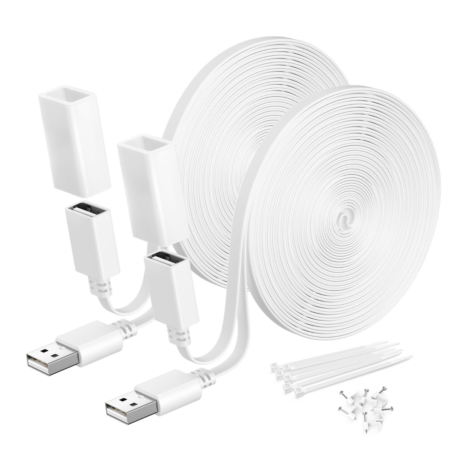 Flat USB A Male to Female Power Extension Cable 20FT/6M 2Pack,White