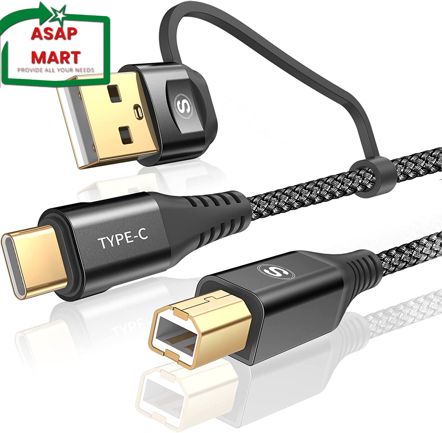Printer Cable 2-IN-1 USB-A/C to USB-B Cable 6.6FT, USB C MIDI Cable Braided High
